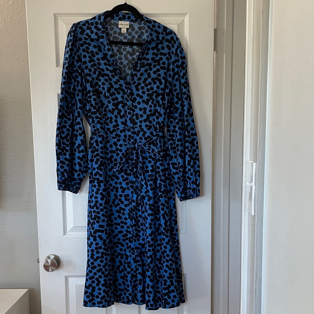 Ava and Viv Blue and Black Patterned Long Sleeve Dress